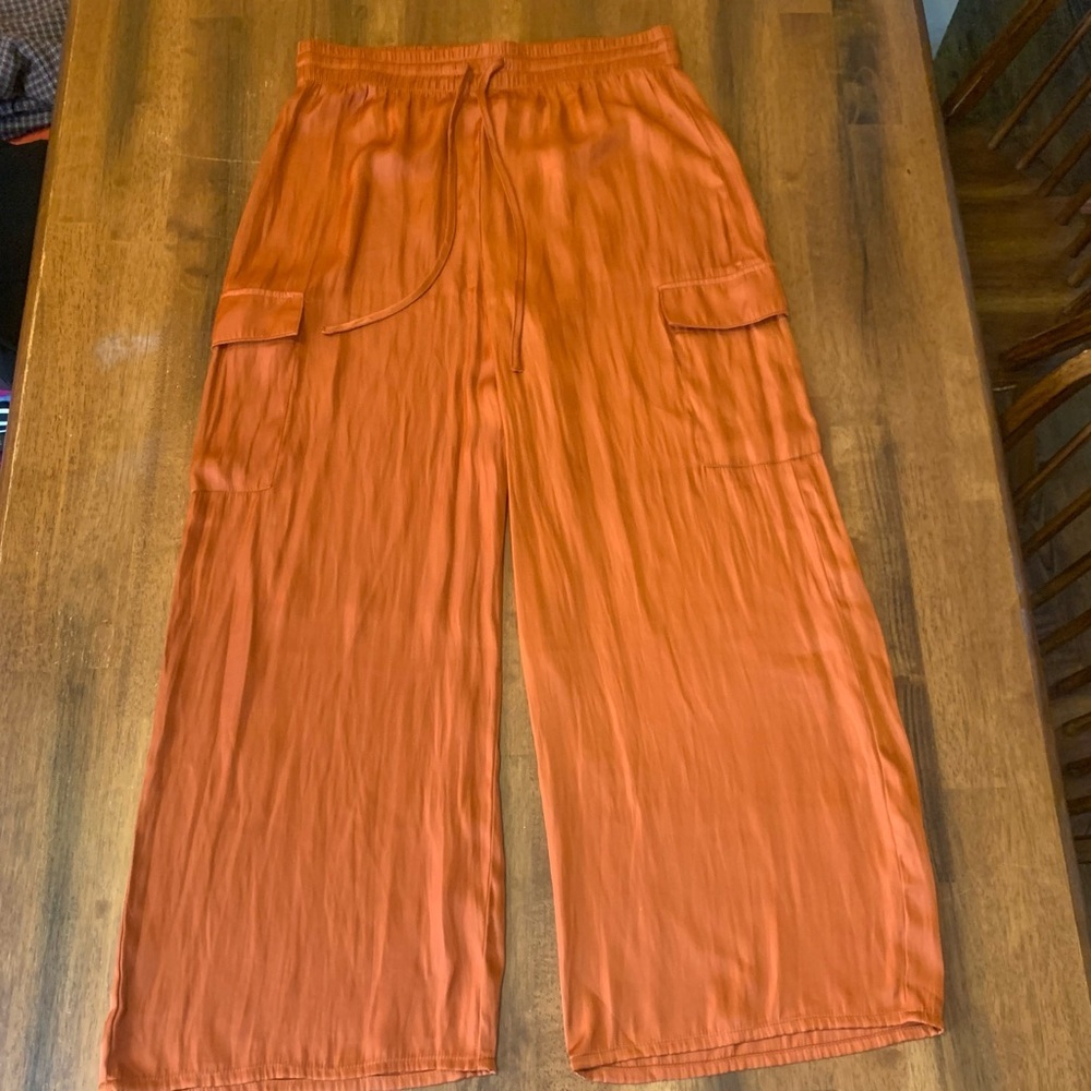 Rachel Zoe Trousers Medium Rust Orange Wide Leg Pants Cargo Pockets Drawstring
